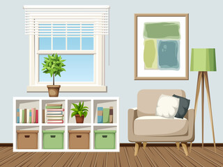 Wall Mural - Cozy modern room interior with an armchair, shelving, a window, and a big abstract painting. Cartoon vector illustration