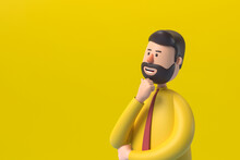 3d Illustration. Cartoon Character Cute BUSINESS Man Isolated On Yellow Background. Serious Guy Thinking Pose. Caucasian Male Wears White Shirt And Red Tie.