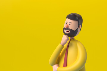 3d illustration. Cartoon character cute BUSINESS man isolated on Yellow background. Serious guy thinking pose. Caucasian male wears white shirt and red tie.