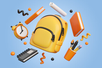 Concept of back to school, learning and onlline education banners. Backpack flying with writing accessories, clock and books. 3d high quality render
