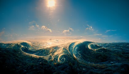 Wall Mural - Spectacular abstract scene of an ocean tidal wave with a horizontal and clear sky in the background. Digital art 3D illustration.