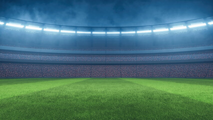 3D Rendering of soccer sport stadium during night match, green grass with crowd of audiences wearing red shirts and bright led spot lights. For sport news background 