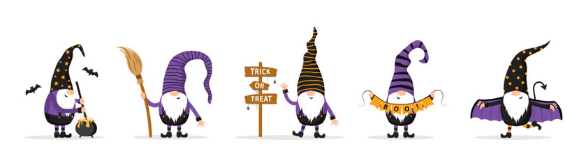 Halloween gnomes. Cute scandinavian elves collection. Dwarf celebrate spooky night. Happy holiday characters. Vector illustration in flat cartoon style.