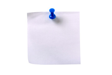 Plain white one single square sticky post it note with blue pushpin isolated transparent background photo PNG file