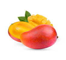 Mango Fruit And Sliced With Leaves Isolated On Transparent Background (.PNG)