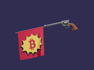 Bitcoin Crypto Letter B Toy Pistol Revolver Gun Bang Fun Scam Joke Danger 3D Illustration