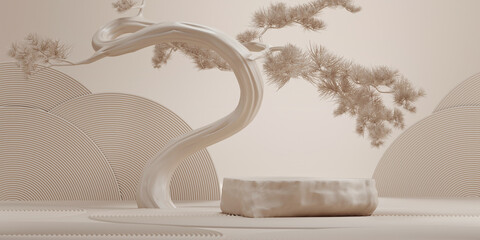 Wall Mural - japanese style abstract product background. podium and bonsai tree with brown background for product
