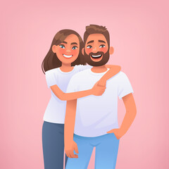 Couple of young people on a pink background. Portrait of happy man and woman embracing. The concept of love and relationships. Valentine  Day