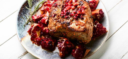 Wall Mural - Pork meat fried with pomegranate