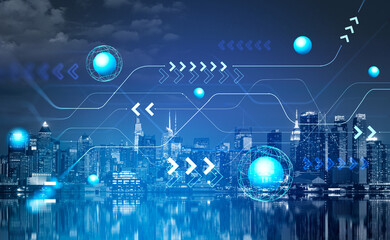 Poster - New York cityscape and metaverse with connection lines and arrows