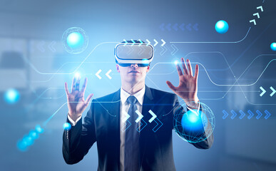 Poster - Businessman working in vr glasses, metaverse and futuristic technology