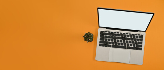 Poster - Top view of modern laptop with blank empty screen and cactus isolated on yellow background.