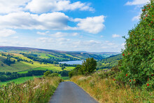 Gouthwaite Reservoir In Nidderdale, North Yorkshire, UK, An Area Of Outstanding Natural Beauty, As Seen From High Above Wath Lane, Wath, In Late Summer.  Horizontal.  Copy Space.