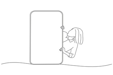 Wall Mural - Cartoon of excited asian woman peeking out big giant vertical cell phone with white blank screen and looking at device display. Oneline art drawing style