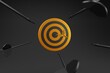Gold and black arrows and dartboard target in Black background Business success concept . Realistic 3D illustration financial icon