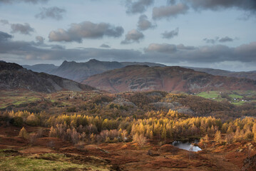 majestic landscape image of stunning autumn sunset light across langdale pikes looking from holme fe