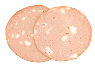 Two chicken mortadella slices isolated on white background