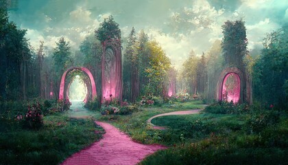 Wall Mural - different portals waiting for adventurer in green forest