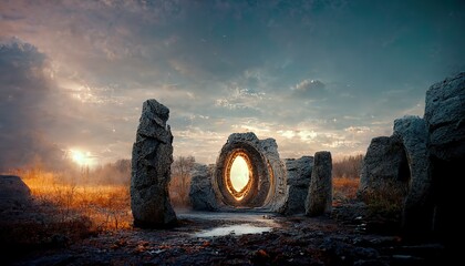 Wall Mural - glowing portal in ancient stone arch against autumn forest