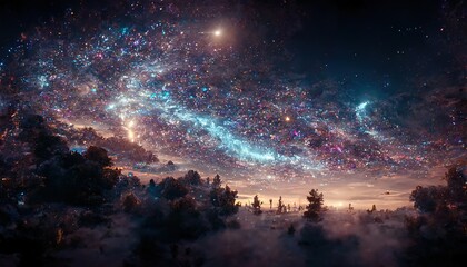 Wall Mural - Fantastic night sky with sparkling stars over misty forest