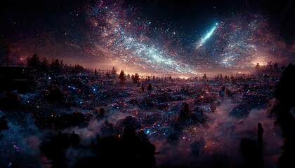 Wall Mural - Dark old forest with flaring lights under sky full of stars