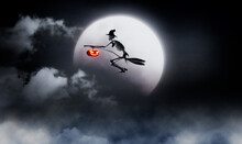 Skeleton Witch In Full Moon Night, Halloween Festival, 3d Illustration Rendering
