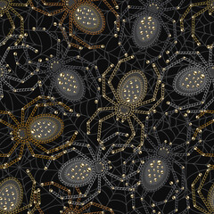 Seamless pattern with spiders made of metallic jewelry chain, ball beads, buttons, thin spiderweb behind. Gothic gloomy decoration for Halloween holiday. Random chaotic composition.