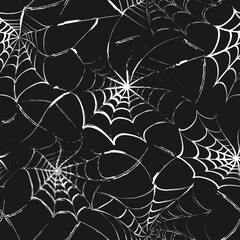 Halloween seamless pattern with stretched torn spider web in grunge style. Black background and white cobweb. Grunge paint brush strokes. Seamless vector background.