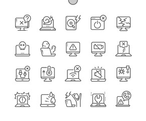 Poster - Computer problems. Not charge and overheating. Laptop tech service. Pixel Perfect Vector Thin Line Icons. Simple Minimal Pictogram