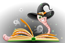 Cute Cartoon Funny Bookworm In Witch Hat Reading Magic Book With Flying Ghosts. Halloween Concept 