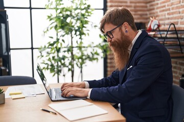 Poster - Young redhead man business worker using laptop working at office