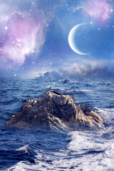 Wall Mural - fantasy fantastic dream landscape with sea or ocean, small stone island, galaxy, a planet and stars 