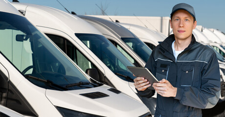 Sticker - Manager with a digital tablet on the background of vans. Fleet management