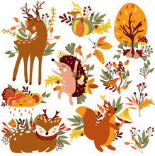 Autumn Set,cute Wodland Animals And Elements Autumn, Cute Squirrel,a Dancing Hedgehog, Funny Cloud, Colored Trees, Autumn Leaves, Mushrooms.Perfect For Web, Harvest Festival, Banner, And Thanksgiving