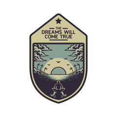 shield shaped emblem of men watching sunset at the beach