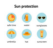 Skin protection and sun safety icon set