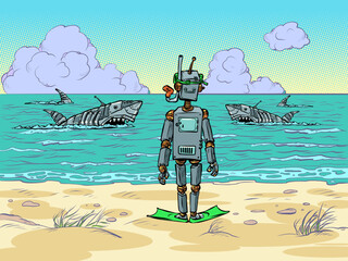 Robot tourist on the seashore. Mechanical dangerous sharks swim in the ocean