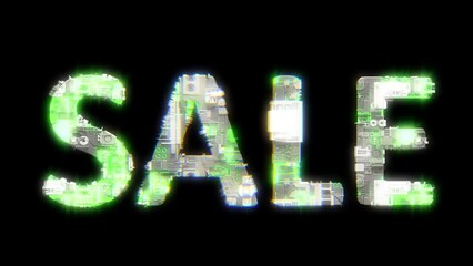 Poster - cybernetical text SALE with chromatic aberrance and glitch effects, isolated