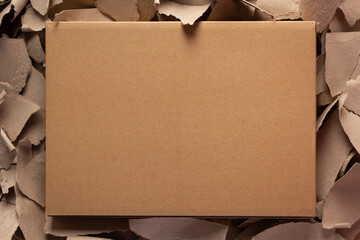 Sticker - Cardboard box on torn paper  background texture. Recycling concept and brown cardboard pieces