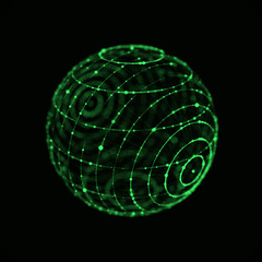 Poster - Abstract green sphere with connecting dots and lines. Wireframe technology sphere. Big data visualization. 3d rendering.