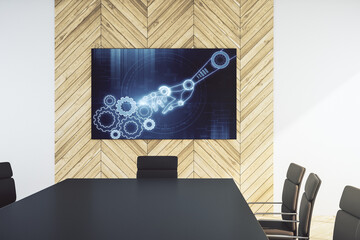Aufkleber - Robotics technology hologram on presentation tv screen in a modern meeting room. Research and development software concept. 3D Rendering