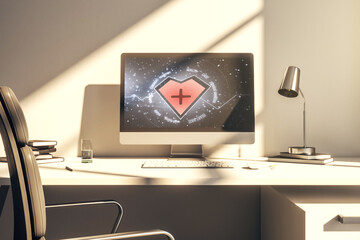 Poster - Creative abstract heart pulse hologram on modern computer monitor, online medical consulting concept. 3D Rendering