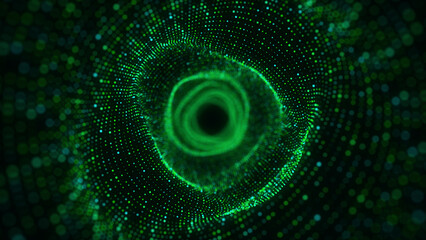 Poster - Abstract 3d portal. Circle tunnel or wormhole. Digital background with connected green dots. 3d rendering.