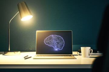 Poster - modern computer display with creative human brain microcircuit. future technology and ai concept. 3d