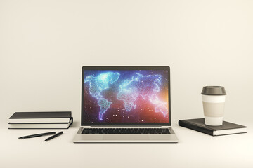 Poster - Abstract digital world map on modern computer monitor, big data and blockchain concept. 3D Rendering