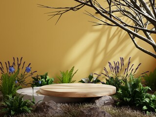 Wall Mural - Wooden podium in tropical forest for product presentation and yellow background.