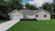 © sanchopancho - Beautiful house with white siding. 3D rendering of a house with a landscape.