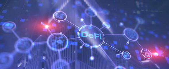 DeFi Decentralized Finance. Technology blockchain cryptocurrency concept