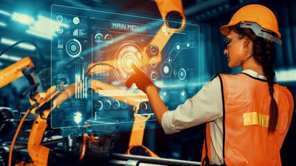 Poster - engineer use cybernated robotic software to control industry robot arm in factory . automation manuf