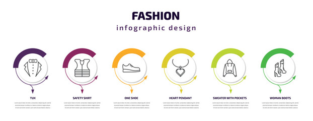 fashion infographic template with icons and 6 step or option. fashion icons such as tux, safety shir